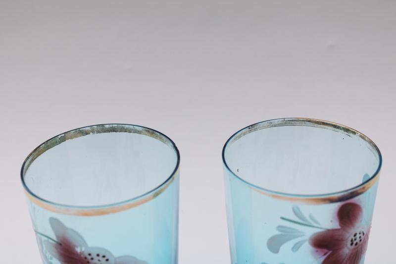 photo of Victorian vintage antique hand painted glass tumblers, blue glass water glasses #2