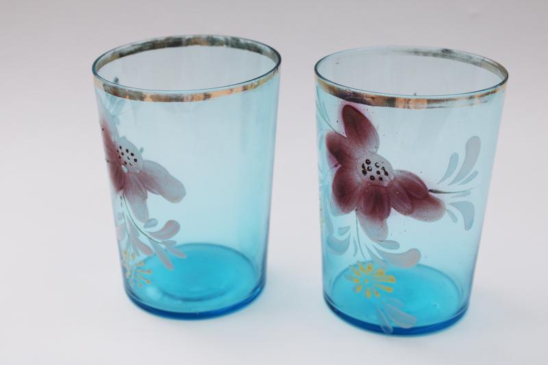 photo of Victorian vintage antique hand painted glass tumblers, blue glass water glasses #4