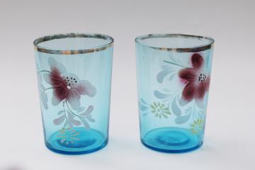 catalog photo of Victorian vintage antique hand painted glass tumblers, blue glass water glasses