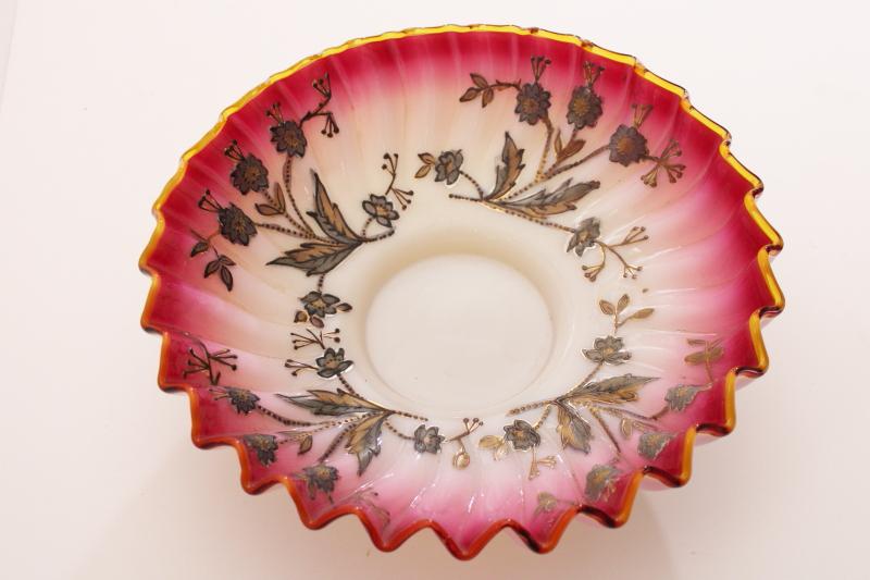 photo of Victorian vintage antique peachblow glass bride's basket bowl w/ hand painted gold enamel #1