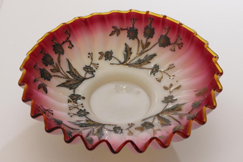 photo of Victorian vintage antique peachblow glass bride's basket bowl w/ hand painted gold enamel #2