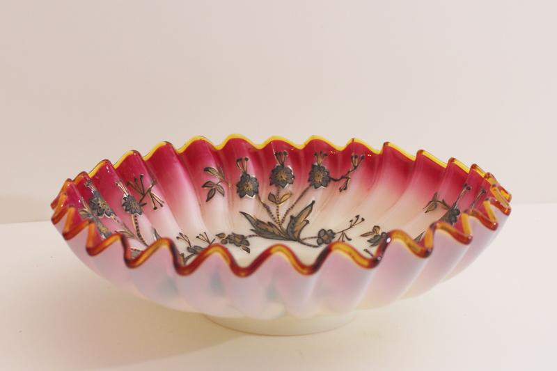 photo of Victorian vintage antique peachblow glass bride's basket bowl w/ hand painted gold enamel #3