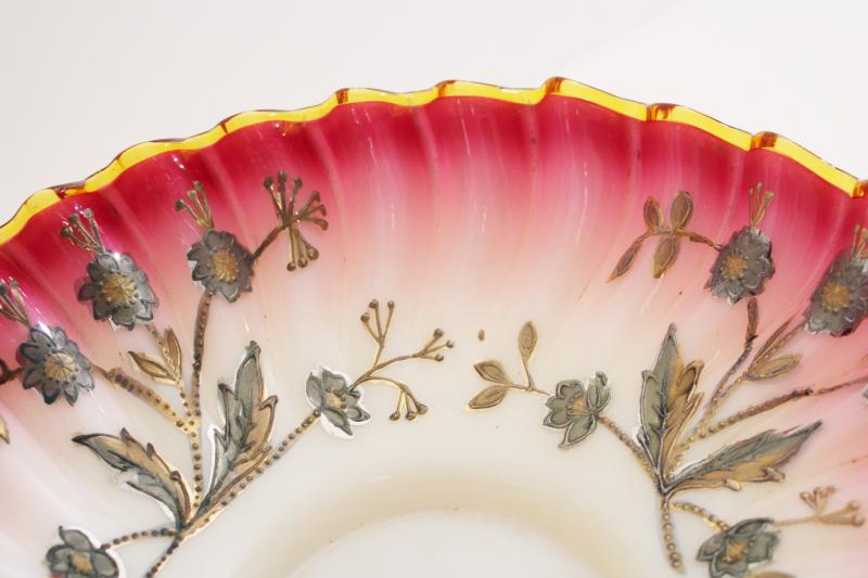 photo of Victorian vintage antique peachblow glass bride's basket bowl w/ hand painted gold enamel #5