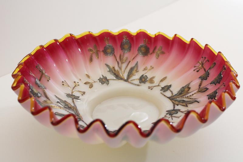 photo of Victorian vintage antique peachblow glass bride's basket bowl w/ hand painted gold enamel #8