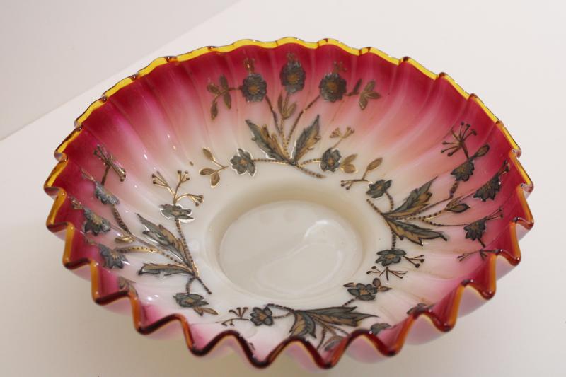 photo of Victorian vintage antique peachblow glass bride's basket bowl w/ hand painted gold enamel #9