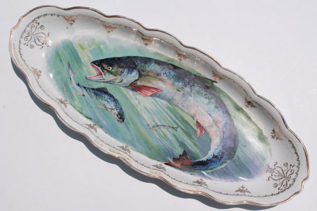 photo of Victorian vintage long oval serving platter w/ painted fish, antique Sterling china tray #1