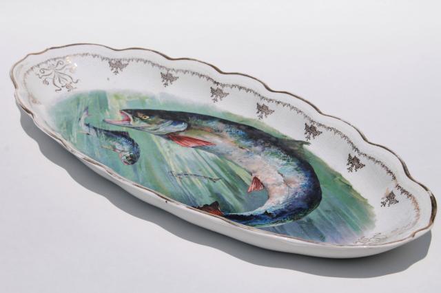 photo of Victorian vintage long oval serving platter w/ painted fish, antique Sterling china tray #2