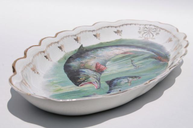 photo of Victorian vintage long oval serving platter w/ painted fish, antique Sterling china tray #3