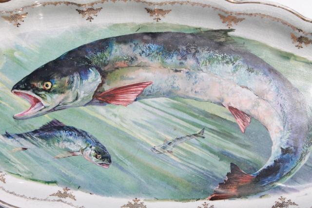 photo of Victorian vintage long oval serving platter w/ painted fish, antique Sterling china tray #4