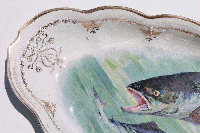 photo of Victorian vintage long oval serving platter w/ painted fish, antique Sterling china tray #5