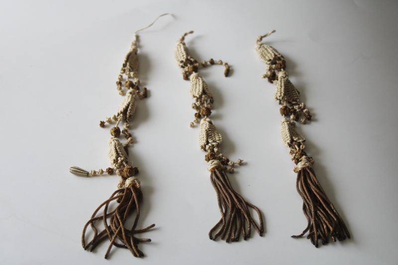 photo of Victorian vintage metal bullion tassels, handmade macrame pulls for bell or antique lighting #1