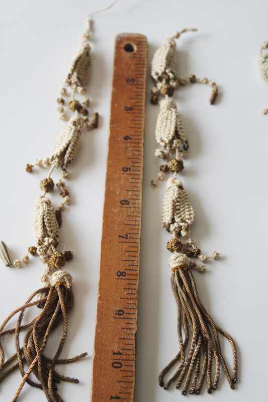 photo of Victorian vintage metal bullion tassels, handmade macrame pulls for bell or antique lighting #2