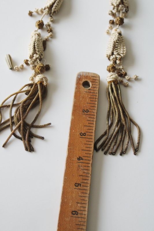 photo of Victorian vintage metal bullion tassels, handmade macrame pulls for bell or antique lighting #3