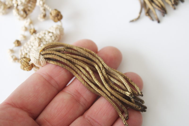 photo of Victorian vintage metal bullion tassels, handmade macrame pulls for bell or antique lighting #7