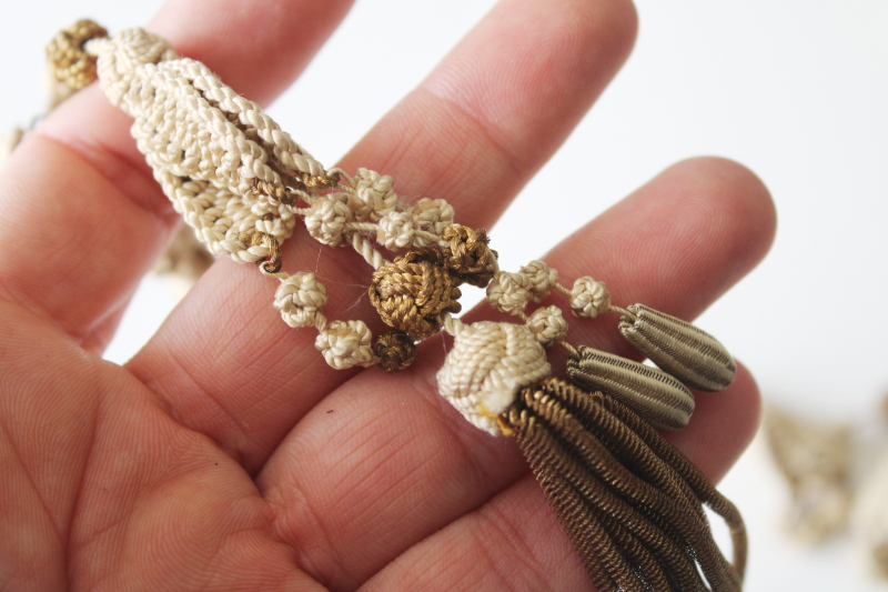 photo of Victorian vintage metal bullion tassels, handmade macrame pulls for bell or antique lighting #8