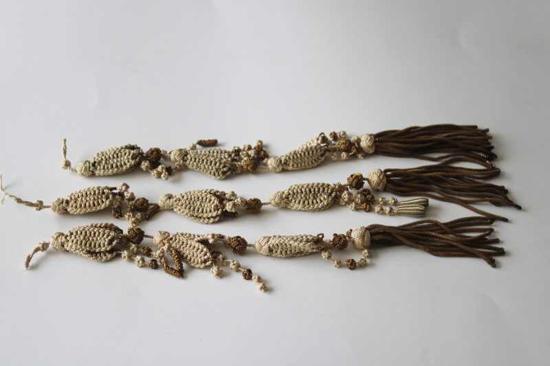 photo of Victorian vintage metal bullion tassels, handmade macrame pulls for bell or antique lighting #9