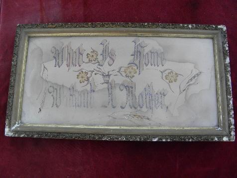 photo of Victorian vintage motto, What is Home Without a Mother, glitter letters, old gold frame #1