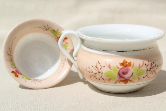 photo of Victorian wash stand set, antique child's size hand painted china boxes & cup for commode #10