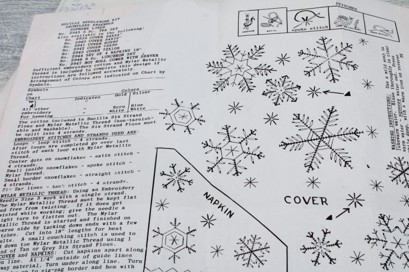 photo of Vintage Bucilla table linens stamped to embroider, winter snowflakes on flax linen fabric #7