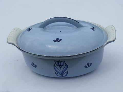 photo of Vintage Dru blue enamel cast iron casserole pan/dish with dutch tulips, Holland #1