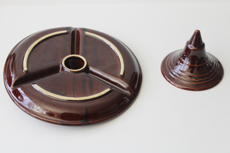 photo of Vintage Marcrest daisy dot brown stoneware lazy susan relish tray plate & stand #3