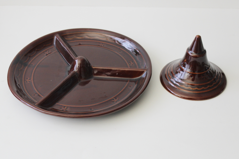 photo of Vintage Marcrest daisy dot brown stoneware lazy susan relish tray plate & stand #5