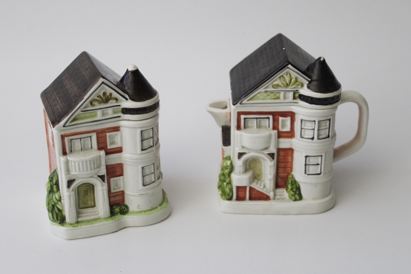 photo of Vintage Otagiri Japan Victorian houses hand painted ceramic creamer & sugar set #1