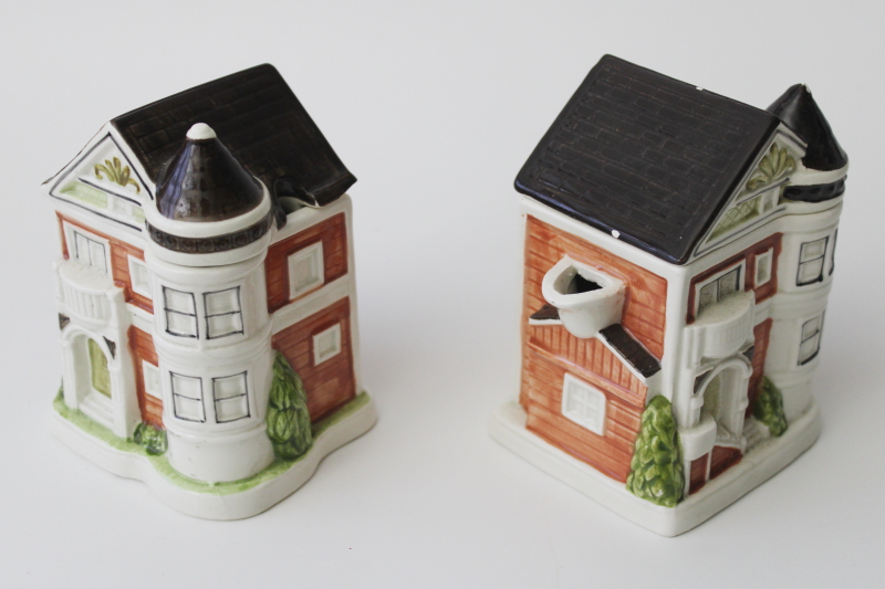 photo of Vintage Otagiri Japan Victorian houses hand painted ceramic creamer & sugar set #3