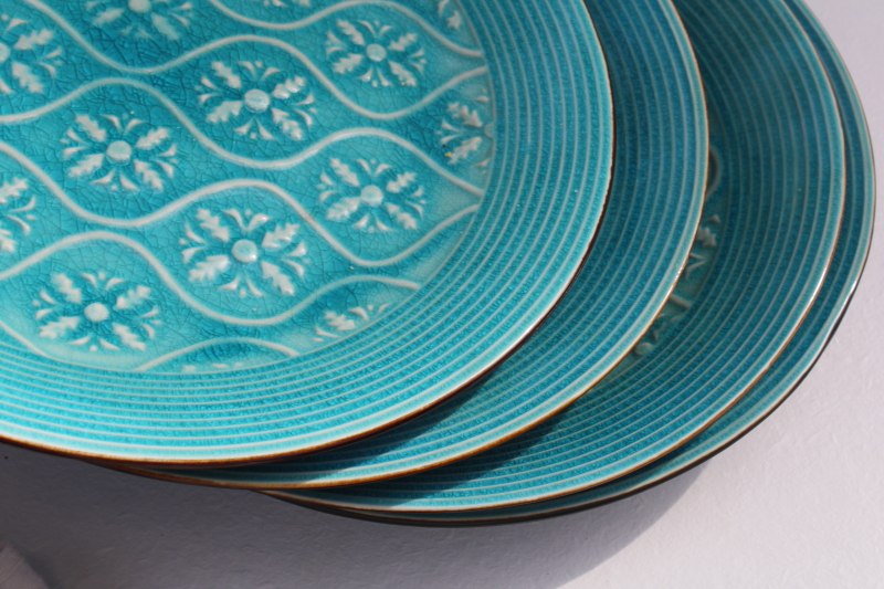 photo of Vintage Pier 1 turquoise crackle matte black ceramic dinner plates set of four #8