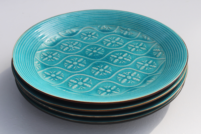 photo of Vintage Pier 1 turquoise crackle matte black ceramic dinner plates set of four #9