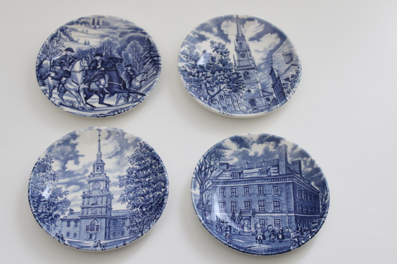 photo of Vintage Staffordshire Liberty Blue transferware china, set of four coasters or butter pat plates #1