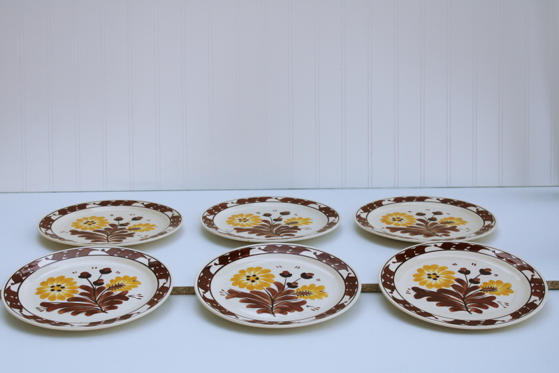 photo of Vintage Vernon Kilns Casa Cali California pottery dinnerware, set of 6 dinner plates brown yellow flowers #1