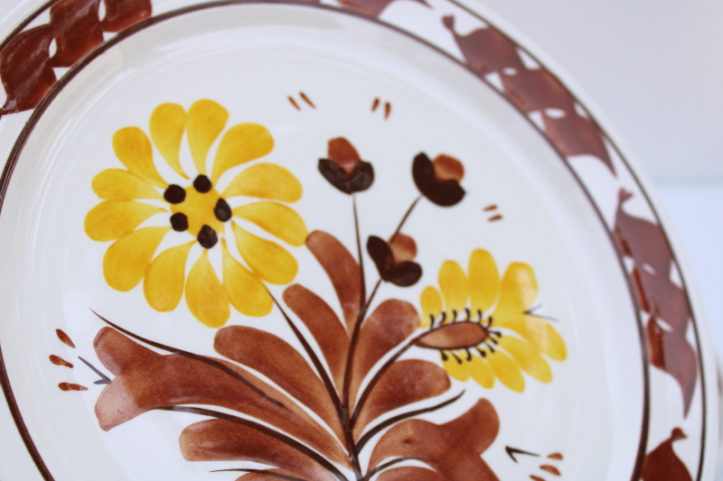 photo of Vintage Vernon Kilns Casa Cali California pottery dinnerware, set of 6 dinner plates brown yellow flowers #3