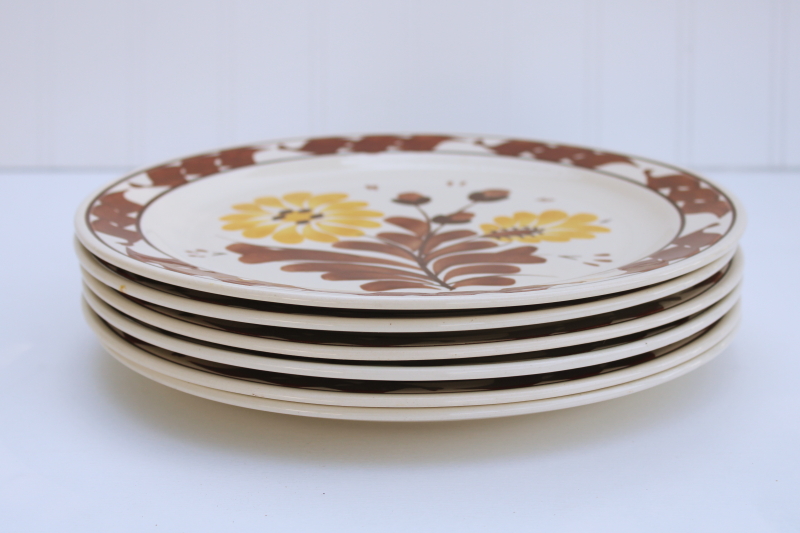 photo of Vintage Vernon Kilns Casa Cali California pottery dinnerware, set of 6 dinner plates brown yellow flowers #6