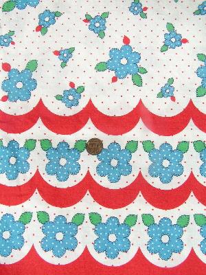 photo of Vintage cotton border print fabric, red/ blue flowers #1