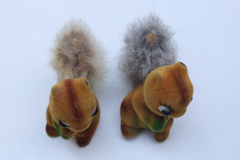 photo of Vintage flocked squirrels pair of figurines w/ fur tails, fall party decor made in Hong Kong #2