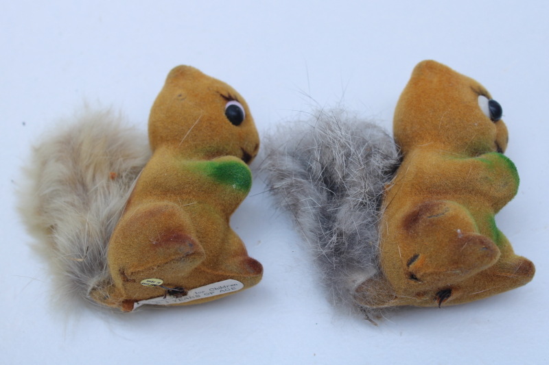 photo of Vintage flocked squirrels pair of figurines w/ fur tails, fall party decor made in Hong Kong #5