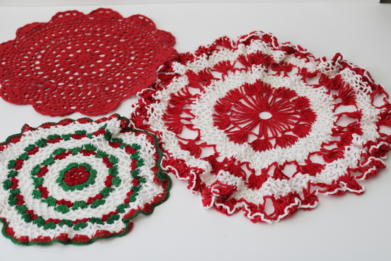 photo of Vintage handmade crochet lace doilies, red & white w/ green holiday decor #1