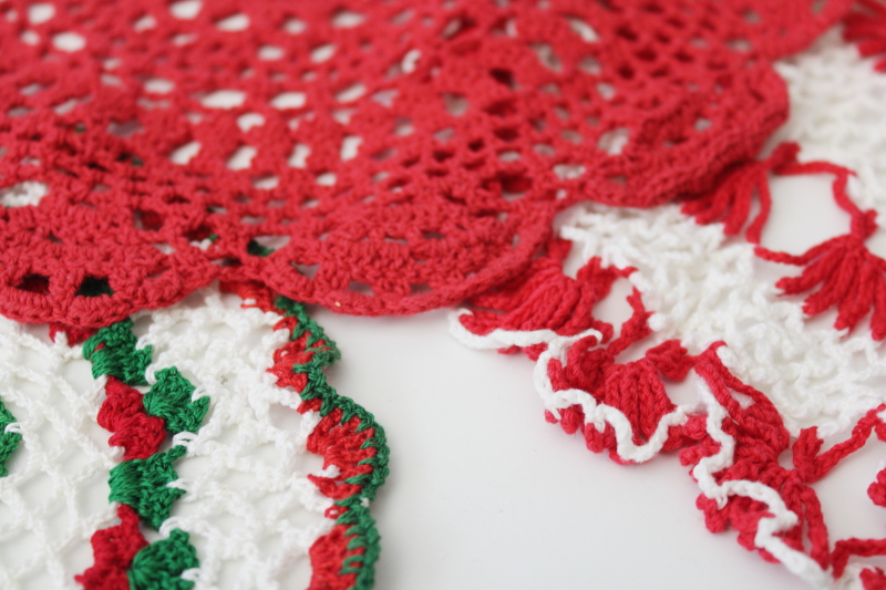 photo of Vintage handmade crochet lace doilies, red & white w/ green holiday decor #4