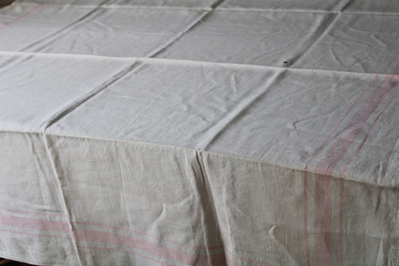 photo of Vintage linen tablecloth, woven pink stripe on flax linen French country farmhouse style #6