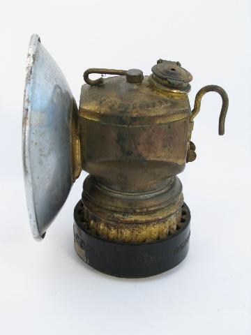 photo of Vintage old brass Justrite miner's carbide lamp helmet light, spelunker/caver lantern #1