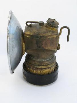 catalog photo of Vintage old brass Justrite miner's carbide lamp helmet light, spelunker/caver lantern