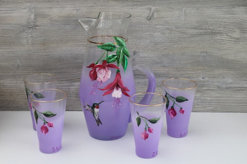 photo of Vintage pitcher & tumblers, lavender purple blendo glass hand painted hummingbird & flowers #1