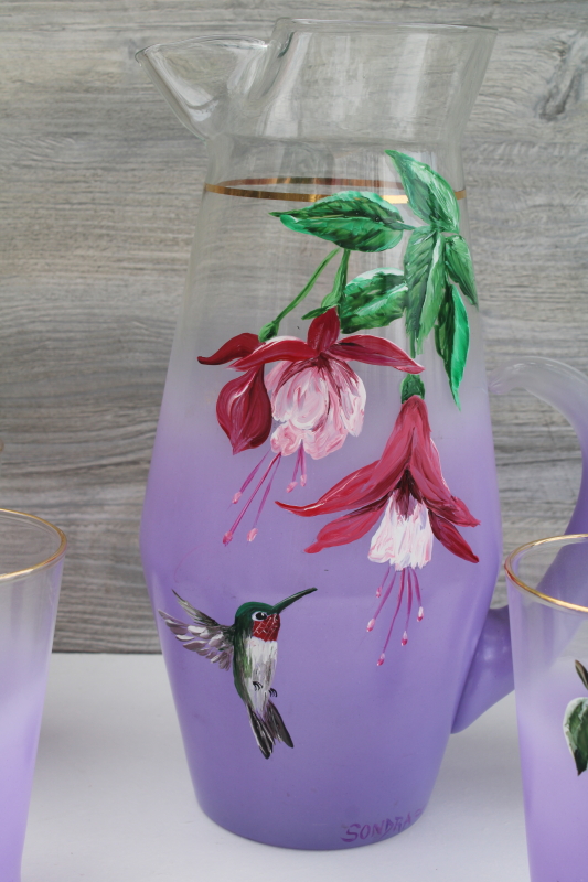 photo of Vintage pitcher & tumblers, lavender purple blendo glass hand painted hummingbird & flowers #2