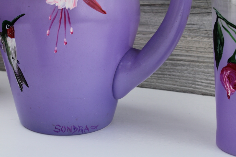 photo of Vintage pitcher & tumblers, lavender purple blendo glass hand painted hummingbird & flowers #3