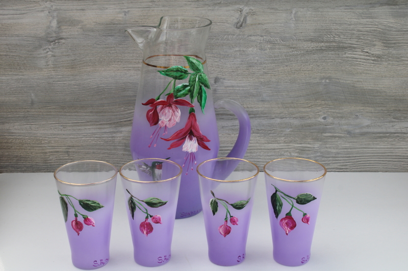 photo of Vintage pitcher & tumblers, lavender purple blendo glass hand painted hummingbird & flowers #4