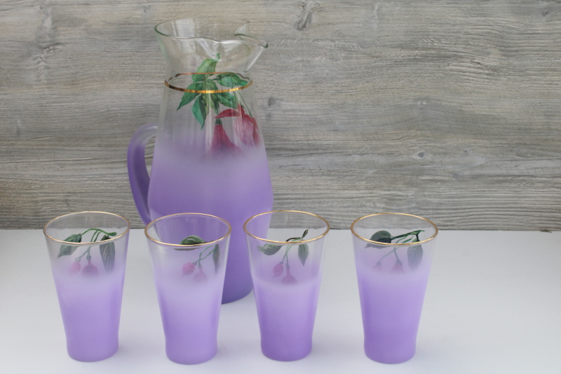 photo of Vintage pitcher & tumblers, lavender purple blendo glass hand painted hummingbird & flowers #5