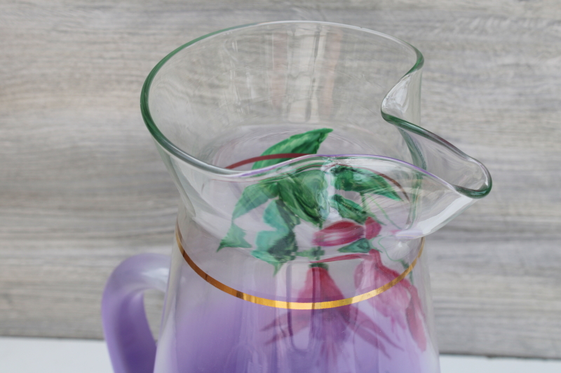 photo of Vintage pitcher & tumblers, lavender purple blendo glass hand painted hummingbird & flowers #6