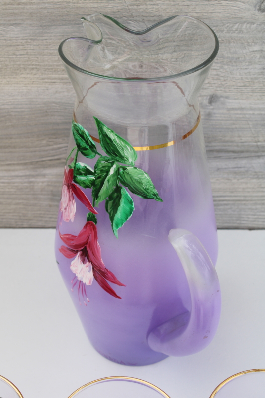 photo of Vintage pitcher & tumblers, lavender purple blendo glass hand painted hummingbird & flowers #7