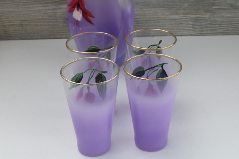 photo of Vintage pitcher & tumblers, lavender purple blendo glass hand painted hummingbird & flowers #8